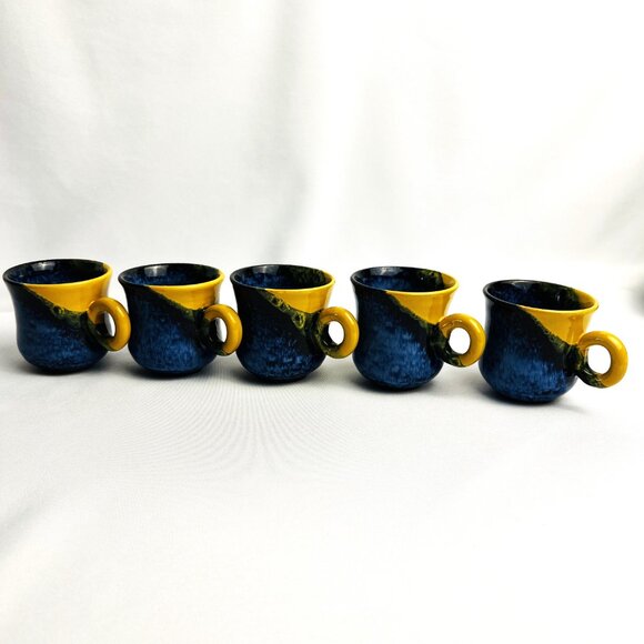 Studio Art Handcrafted Demitasse Cups Red Clay Pottery Blue Yellow Glaze 5 pcs. - Picture 3 of 9